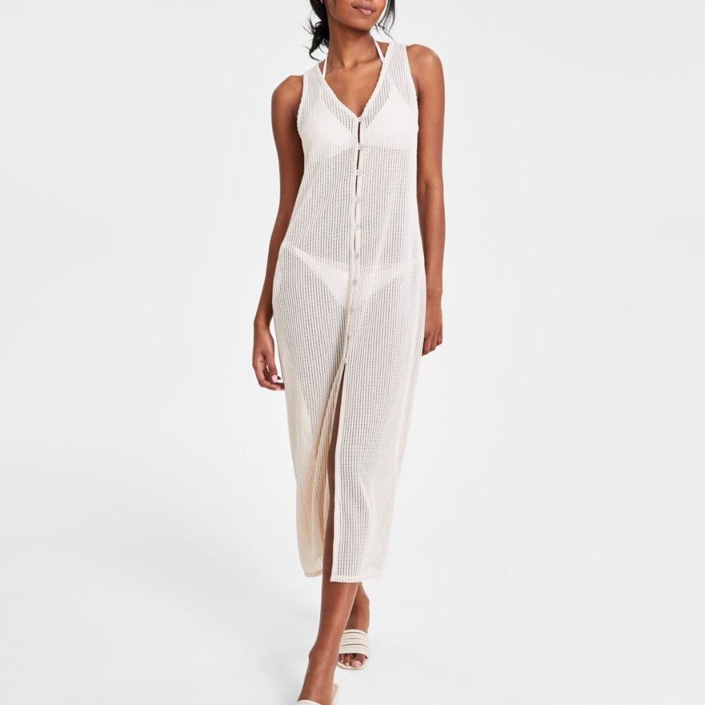 Miken Juniors' Fern Button-Front Midi Cover-Up Dresscream Crochet Elegance Sizm